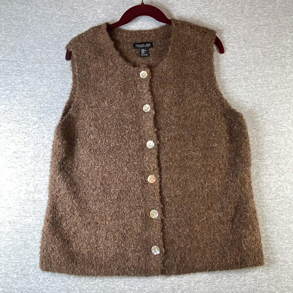 Rachel Zoe Brown Boucle Knit Button Front Sweater Vest XL Wool Blend Sleeveless